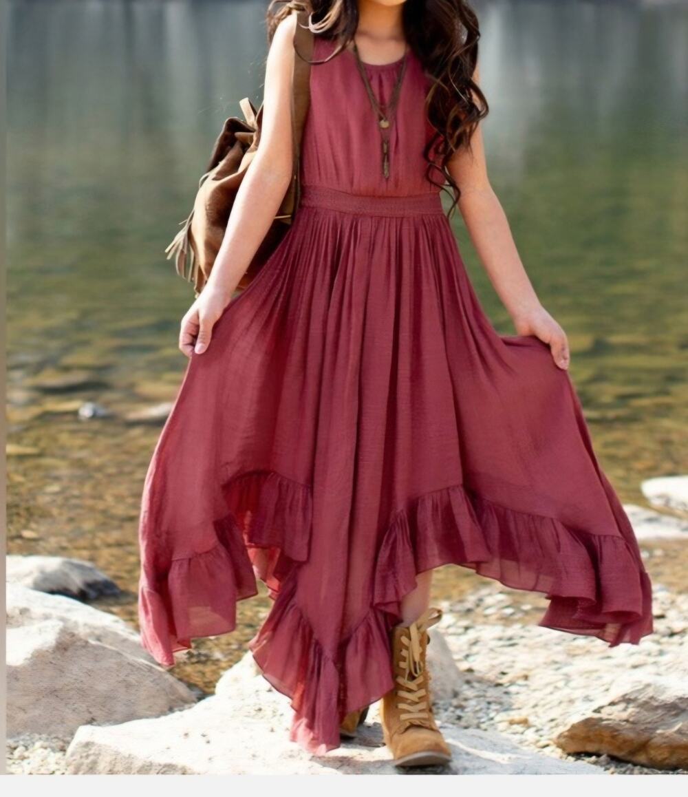 Joyfolie Mia Joy Gemma Dress Rose Burgundy High Low Boho Ruffle Girl Size 6